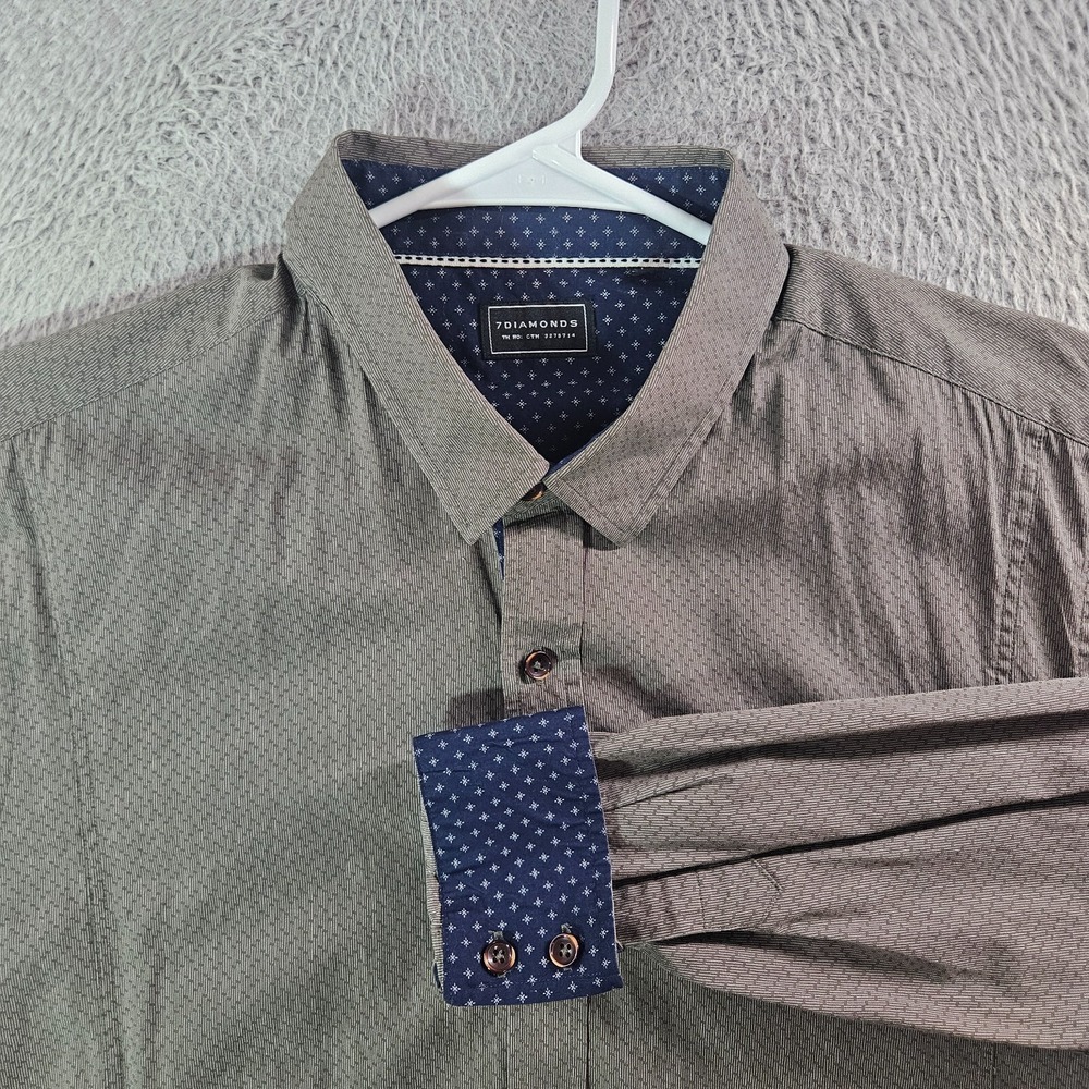 7 Diamonds Shirt Men Large Flip Cuff Buton Up Pattern Long Sleeve Greenish Gray